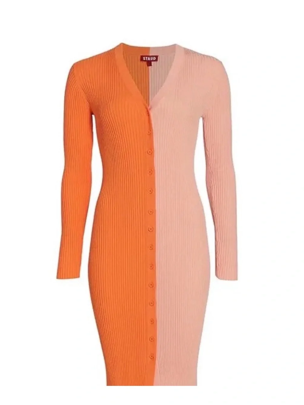STAUD Two-Tone Ribbed Button-Front Midi Dress in Orange & Pink - Picture 2 of 5